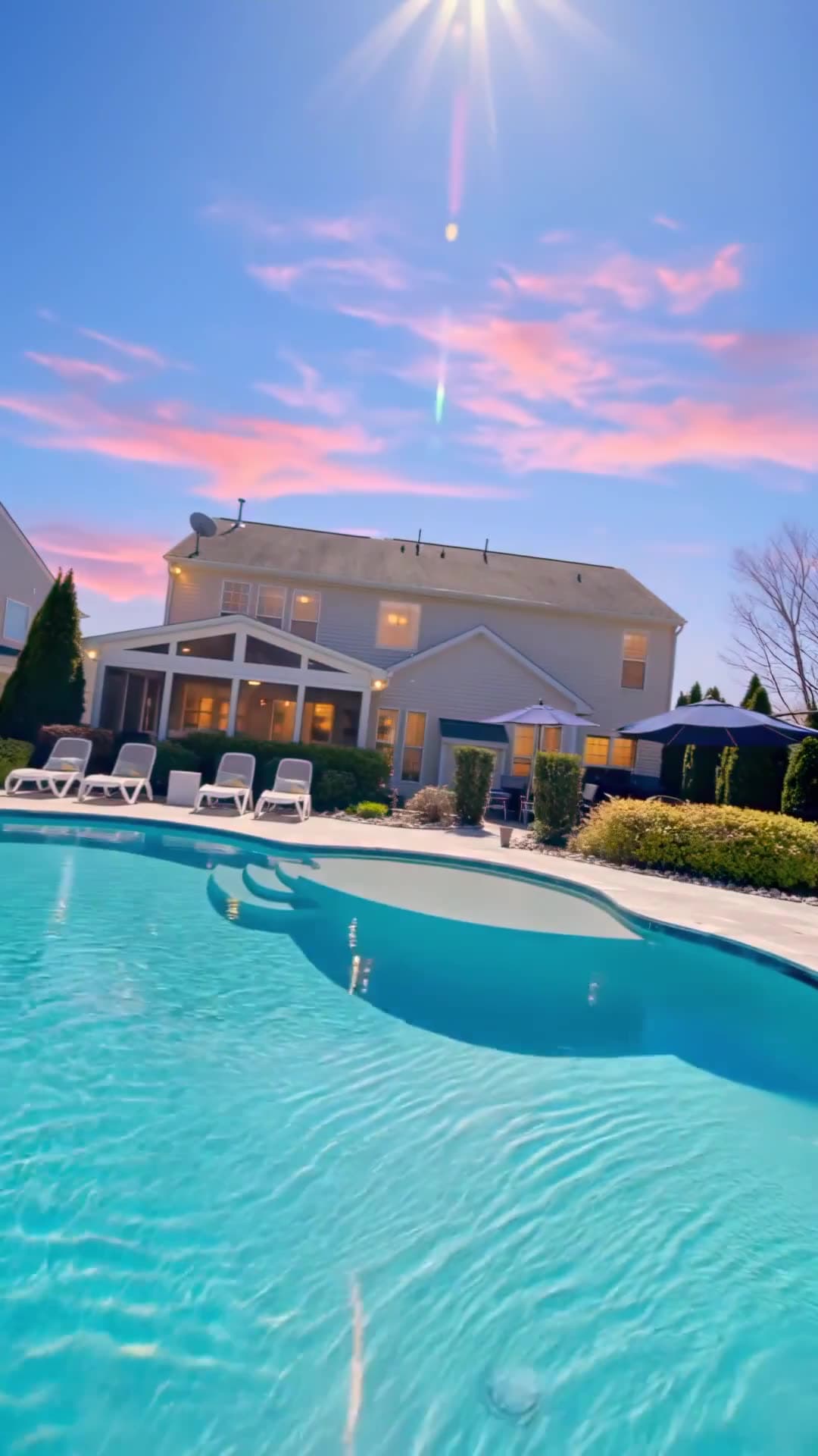 Backyard pool at twilight at a Home Grown Property Group listing in Indian Land, South Carolina