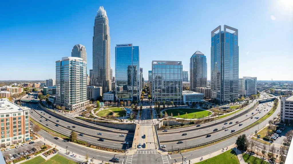 Aerial view of the uptown Charlotte skyline on a clear day, looking across the interstate loop toward the city center