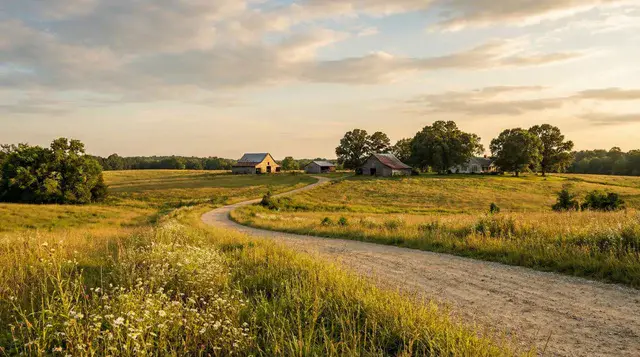 A gravel road winding past open farmland and weathered barns at sunset in Lancaster County