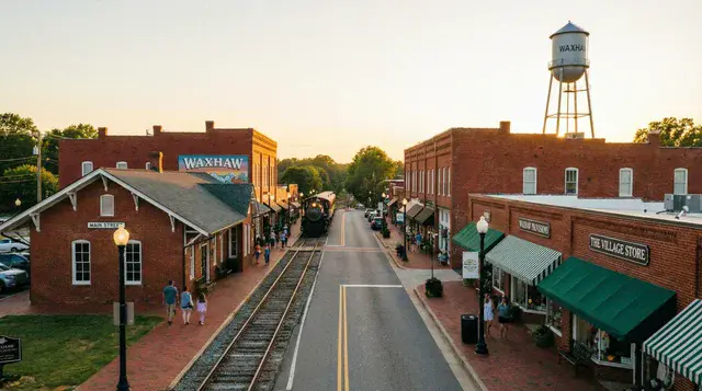 Historic brick storefronts and the water tower along the railroad on Main Street in downtown Waxhaw